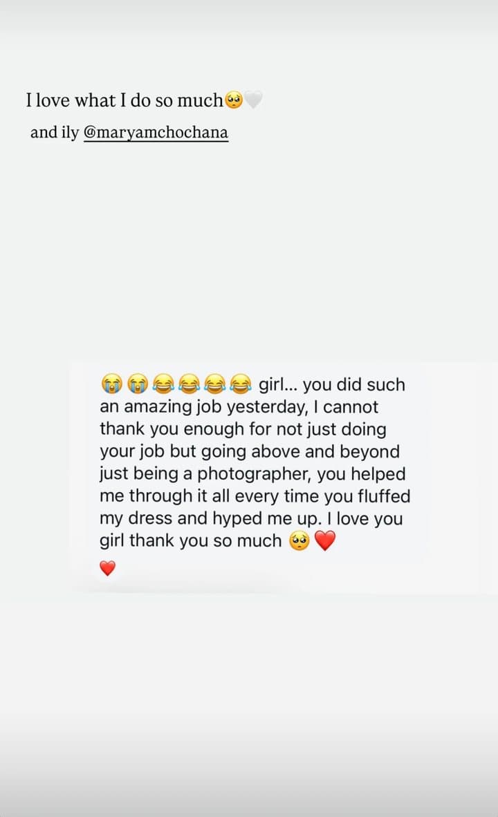 A bride's message: girl... you did such an amazing job yesterday, I cannot thank you enough for going above and beyond, you helped me through it all every time you fluffed my dress and hyped me up