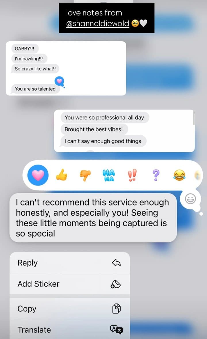 Love notes from @shanneldiewold: GABBY!!! I'm bawling!!! You are so talented. You were so professional all day. I can't recommend this service enough honestly, and especially you!