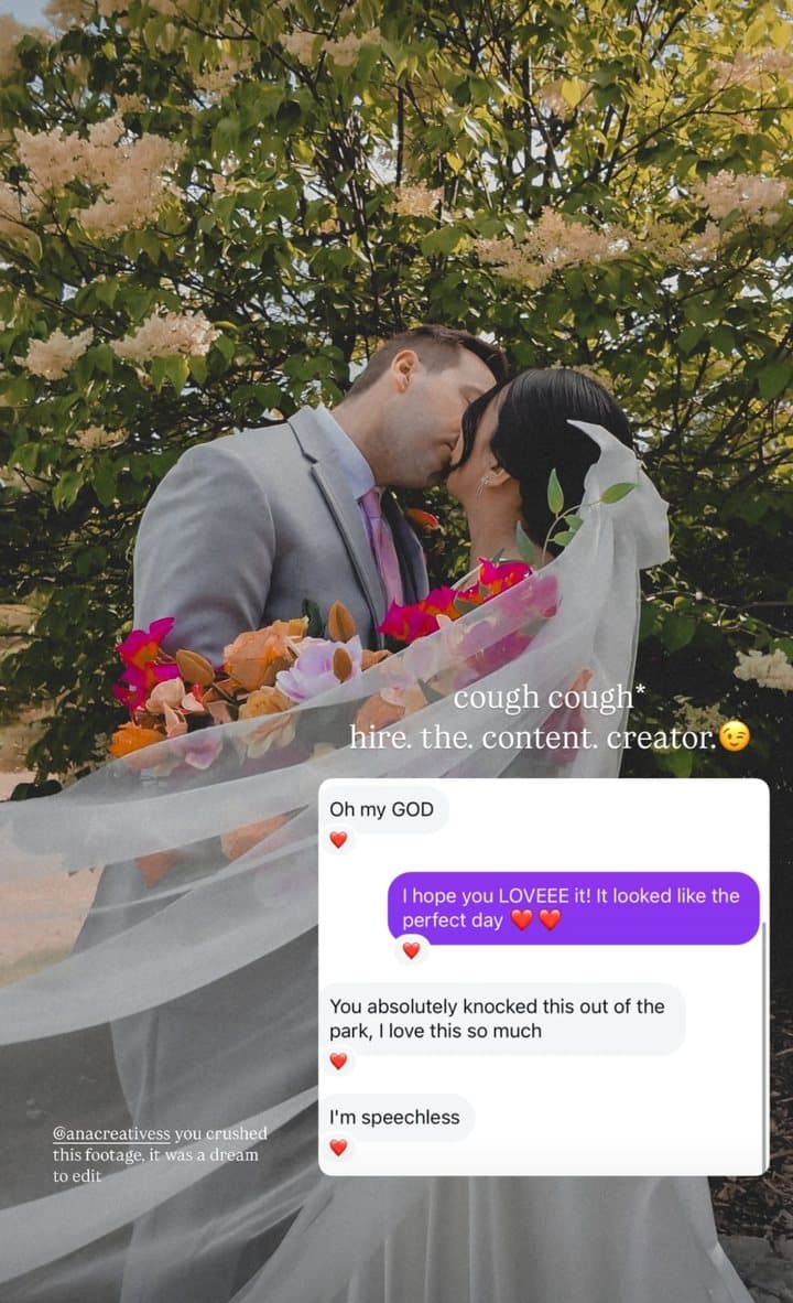 A bride and groom kissing under the veil with messages reading Oh my GOD, You absolutely knocked this out of the park, I love this so much, I'm speechless